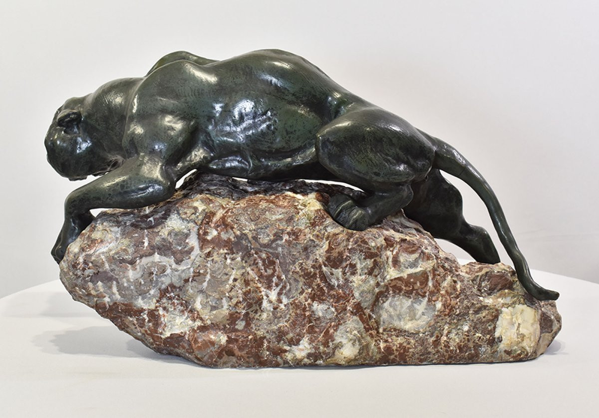ANTICHE SCULTURE IN BRONZO, GRANDE LEONESSA, GIACOMO MERCULIANO, ART DECO, XX SECOLO. (STB103)-photo-1