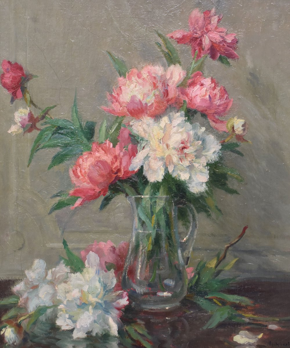 DIPINTI ANTICHI DI FIORI, NATURE MORTE CON VASO DI PEONIE, OLIO SU TELA, INIZIO XX  (QF689)-photo-3