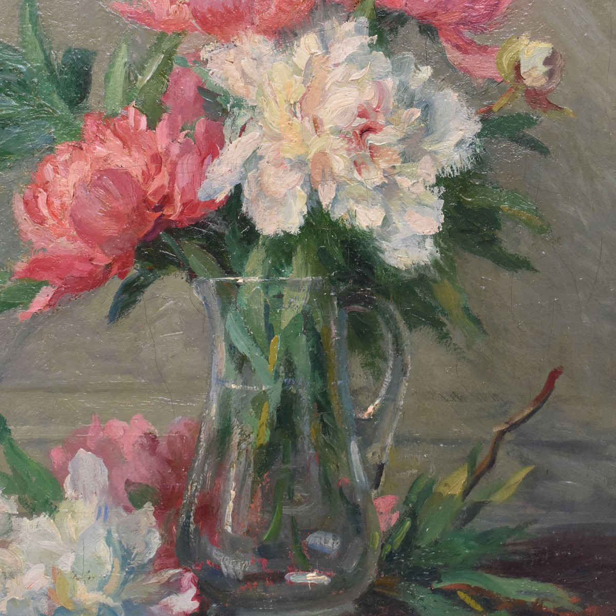 DIPINTI ANTICHI DI FIORI, NATURE MORTE CON VASO DI PEONIE, OLIO SU TELA, INIZIO XX  (QF689)-photo-4