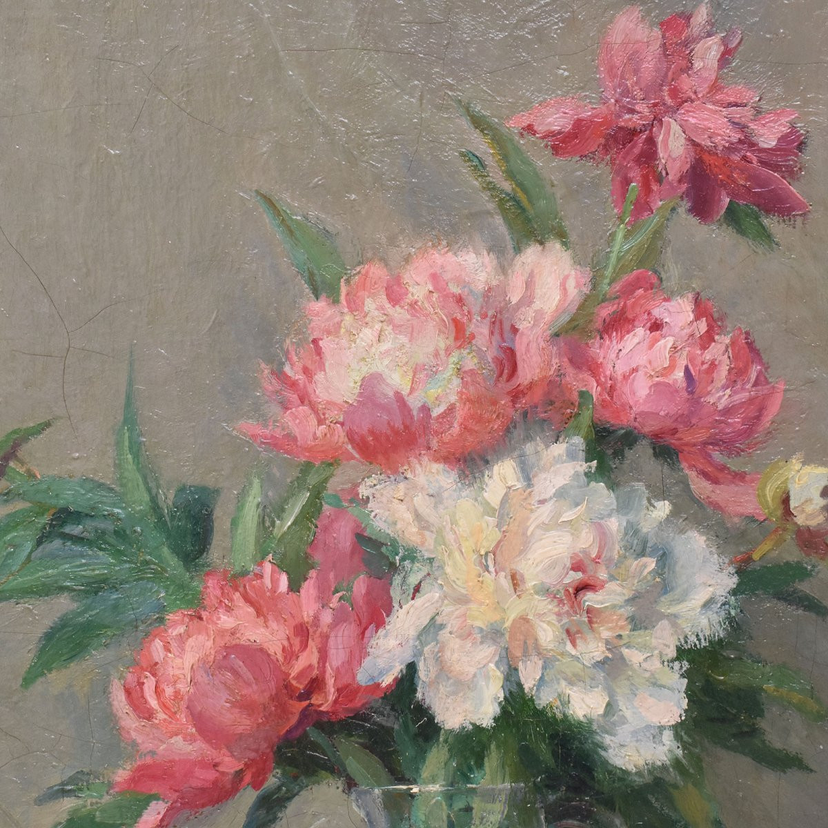 DIPINTI ANTICHI DI FIORI, NATURE MORTE CON VASO DI PEONIE, OLIO SU TELA, INIZIO XX  (QF689)-photo-1