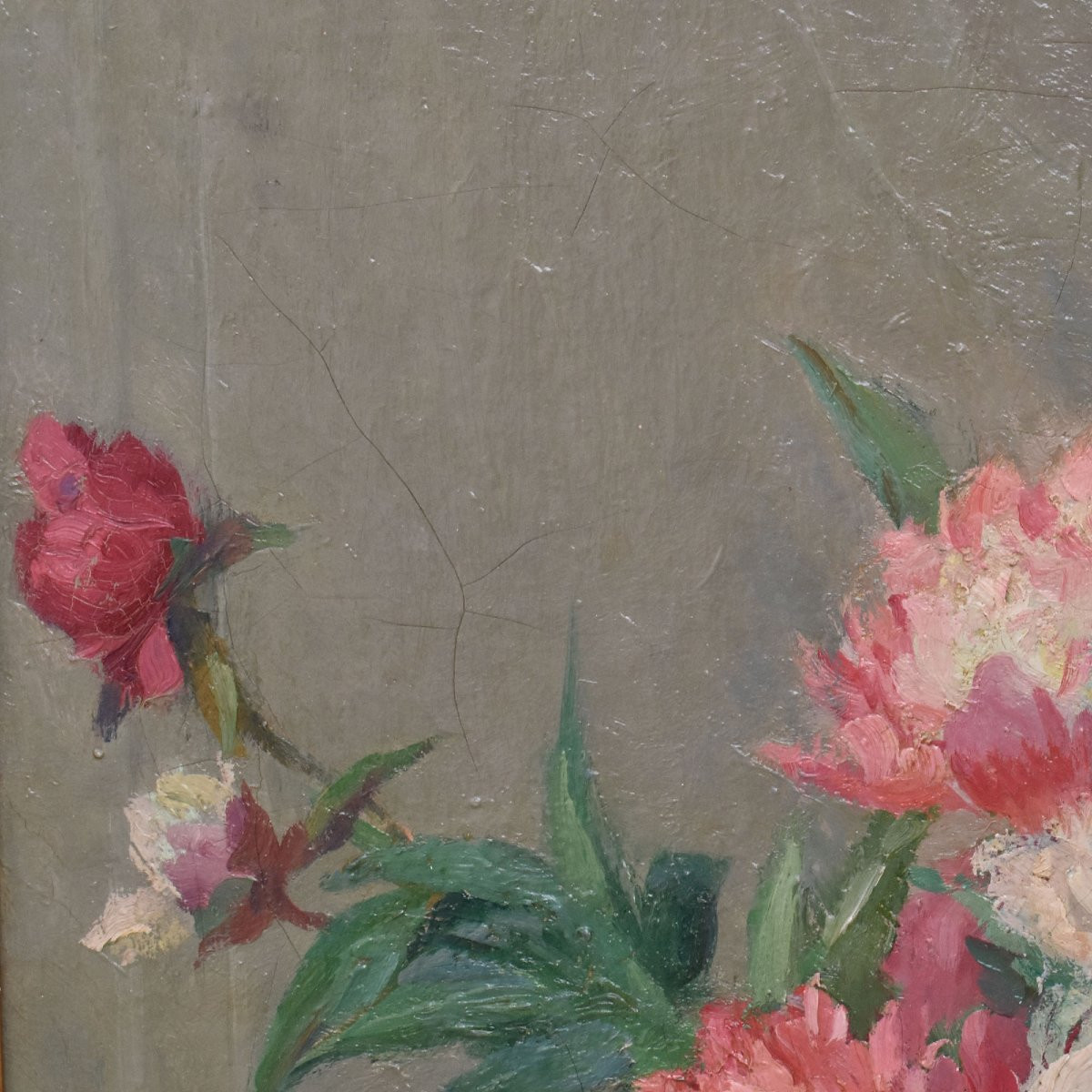 DIPINTI ANTICHI DI FIORI, NATURE MORTE CON VASO DI PEONIE, OLIO SU TELA, INIZIO XX  (QF689)-photo-2