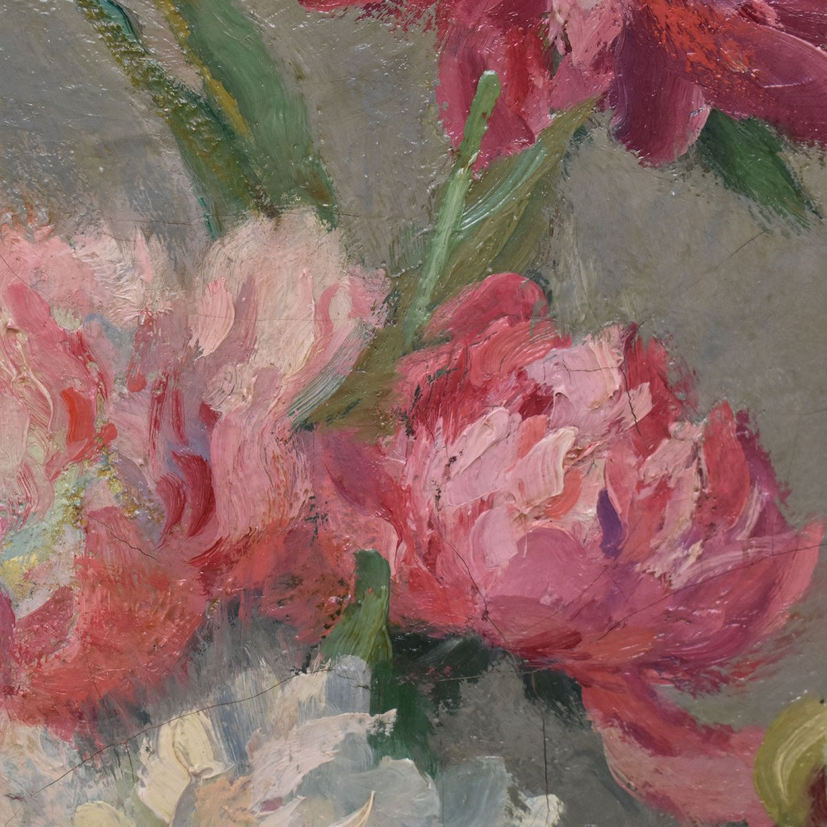 DIPINTI ANTICHI DI FIORI, NATURE MORTE CON VASO DI PEONIE, OLIO SU TELA, INIZIO XX  (QF689)-photo-3