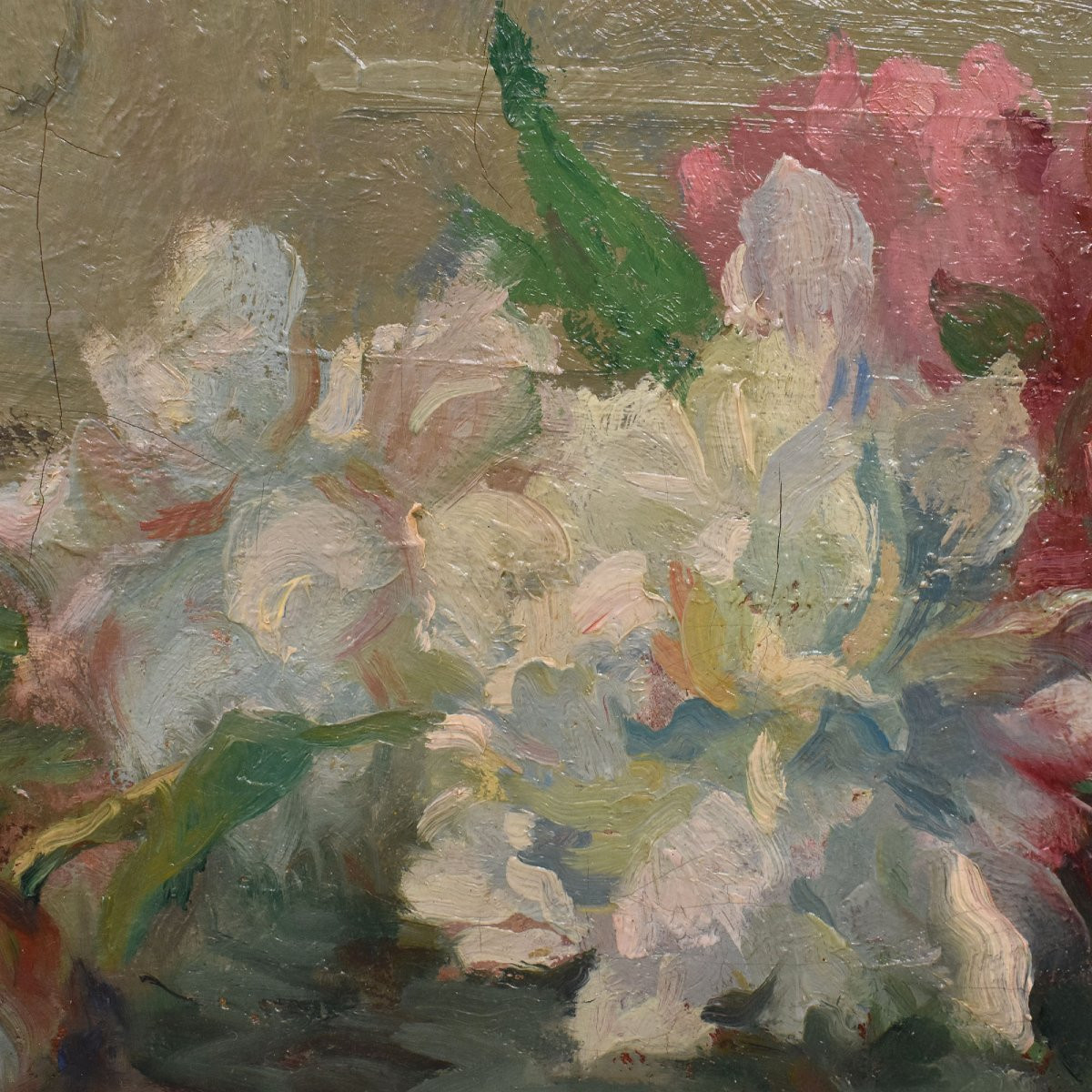 DIPINTI ANTICHI DI FIORI, NATURE MORTE CON VASO DI PEONIE, OLIO SU TELA, INIZIO XX  (QF689)-photo-4