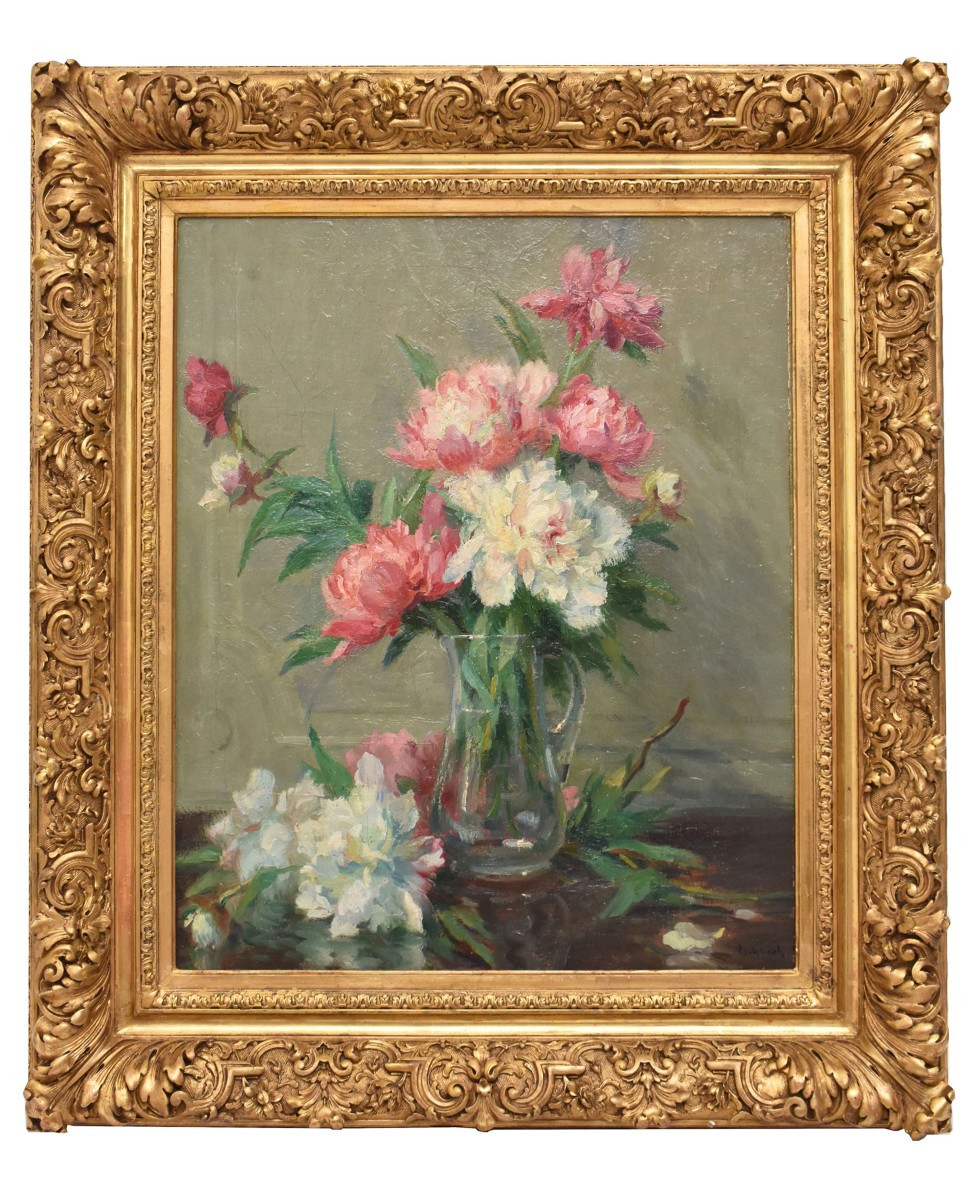 DIPINTI ANTICHI DI FIORI, NATURE MORTE CON VASO DI PEONIE, OLIO SU TELA, INIZIO XX  (QF689)