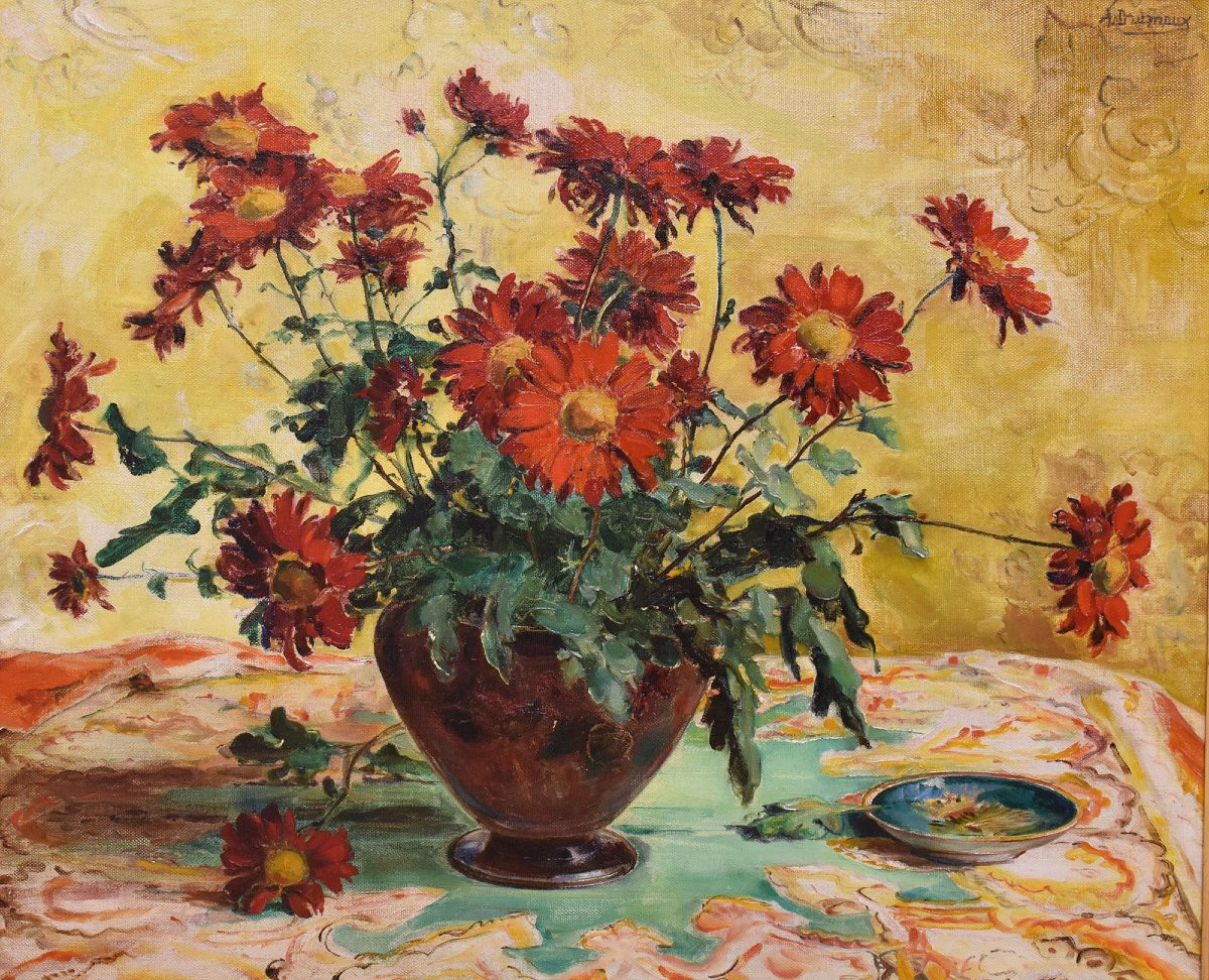 QUADRI ANTICHI, ART DECO, NATURA MORTA, FIORI DI MARGHERITE ROSSE, OLIO SU TELA, XX (QF690)-photo-3