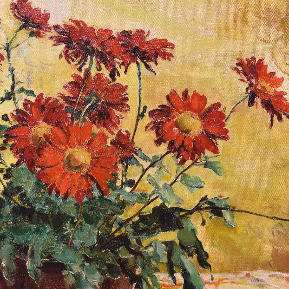 QUADRI ANTICHI, ART DECO, NATURA MORTA, FIORI DI MARGHERITE ROSSE, OLIO SU TELA, XX (QF690)-photo-4