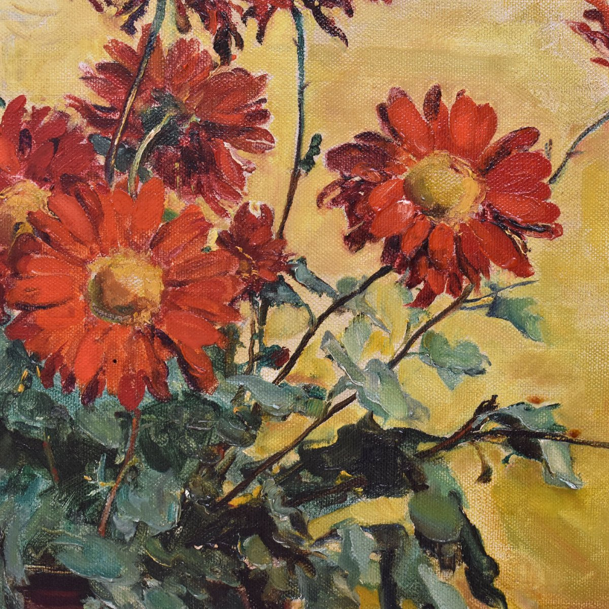 QUADRI ANTICHI, ART DECO, NATURA MORTA, FIORI DI MARGHERITE ROSSE, OLIO SU TELA, XX (QF690)-photo-1