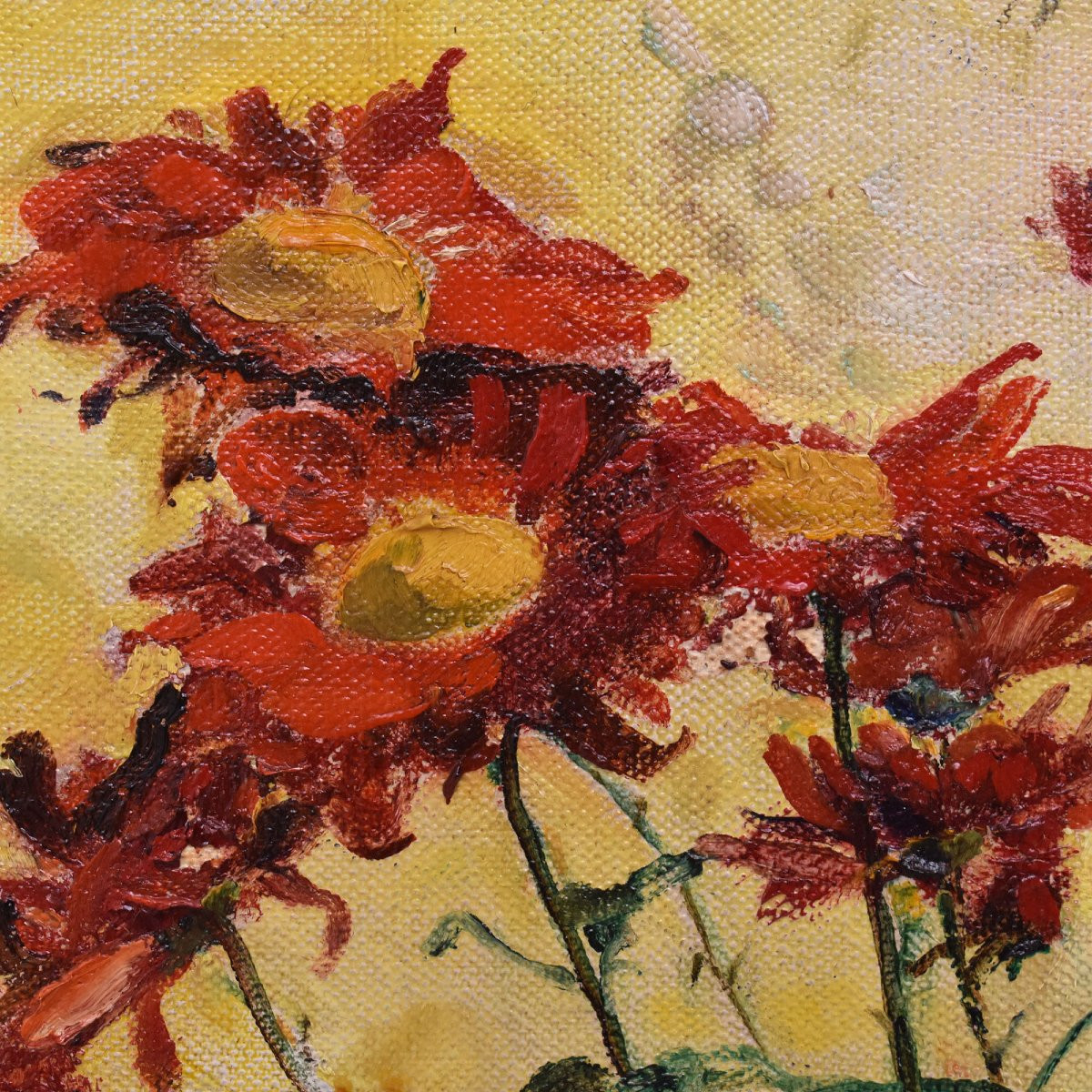 QUADRI ANTICHI, ART DECO, NATURA MORTA, FIORI DI MARGHERITE ROSSE, OLIO SU TELA, XX (QF690)-photo-2