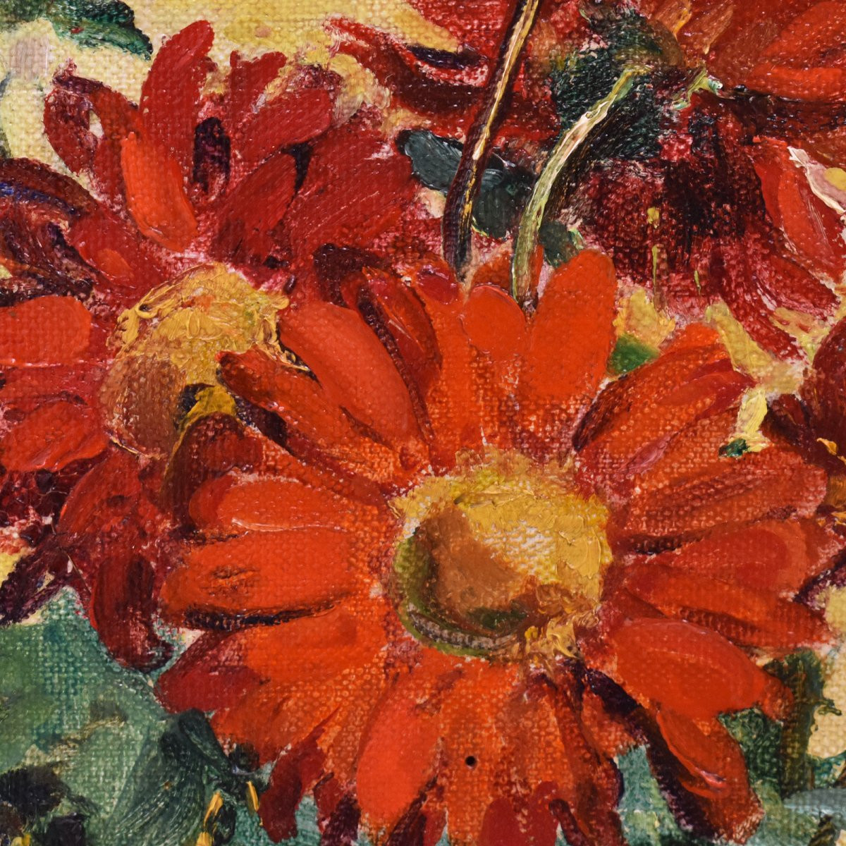 QUADRI ANTICHI, ART DECO, NATURA MORTA, FIORI DI MARGHERITE ROSSE, OLIO SU TELA, XX (QF690)-photo-3