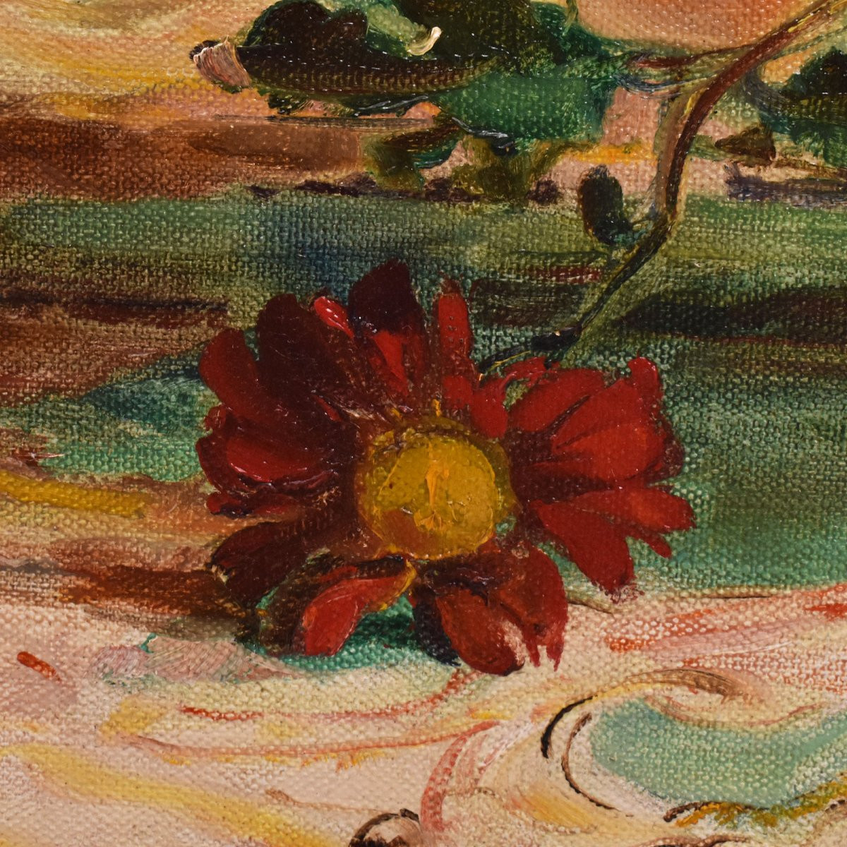 QUADRI ANTICHI, ART DECO, NATURA MORTA, FIORI DI MARGHERITE ROSSE, OLIO SU TELA, XX (QF690)-photo-6