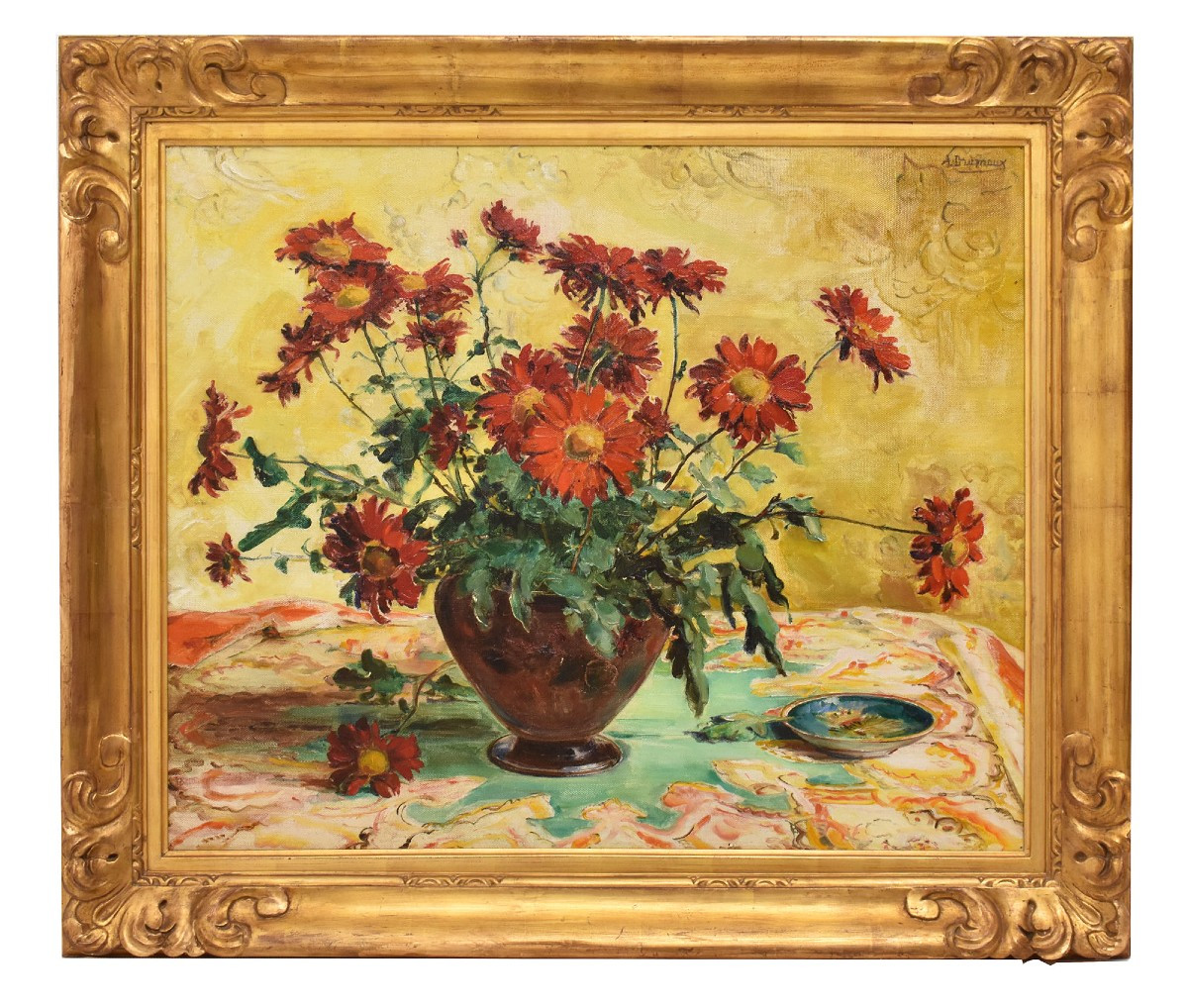 QUADRI ANTICHI, ART DECO, NATURA MORTA, FIORI DI MARGHERITE ROSSE, OLIO SU TELA, XX (QF690)