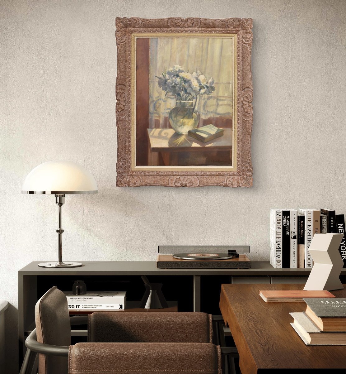DIPINTI ANTICHI DI FIORI, NATURE MORTE CON VASO DI GAROFANI BIANCHI, OLIO SU TELA  (QF691)-photo-2