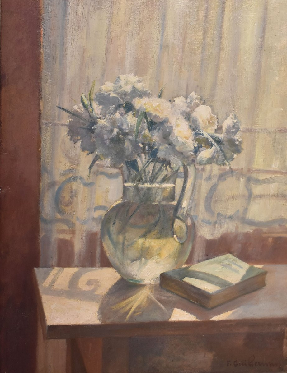 DIPINTI ANTICHI DI FIORI, NATURE MORTE CON VASO DI GAROFANI BIANCHI, OLIO SU TELA  (QF691)-photo-3
