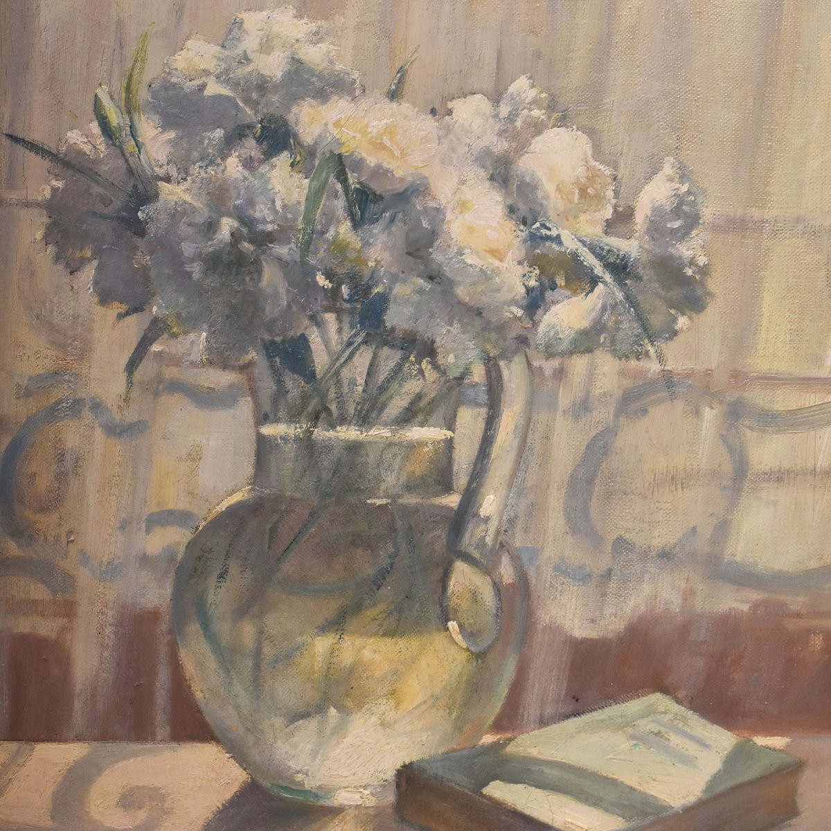 DIPINTI ANTICHI DI FIORI, NATURE MORTE CON VASO DI GAROFANI BIANCHI, OLIO SU TELA  (QF691)-photo-4