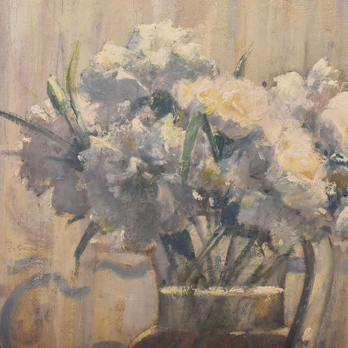 DIPINTI ANTICHI DI FIORI, NATURE MORTE CON VASO DI GAROFANI BIANCHI, OLIO SU TELA  (QF691)-photo-1