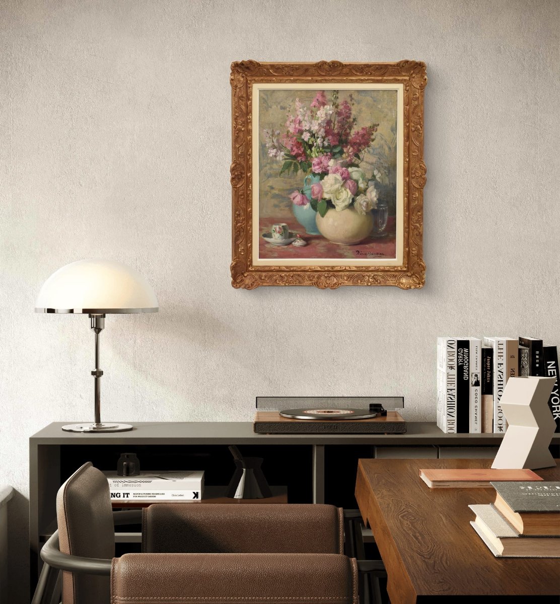 QUADRI ANTICHI, ART NOUVEAU, NATURA MORTA CON FIORI DI ROSA, OLIO SU TELA, XX SECOLO. (QF699)-photo-2