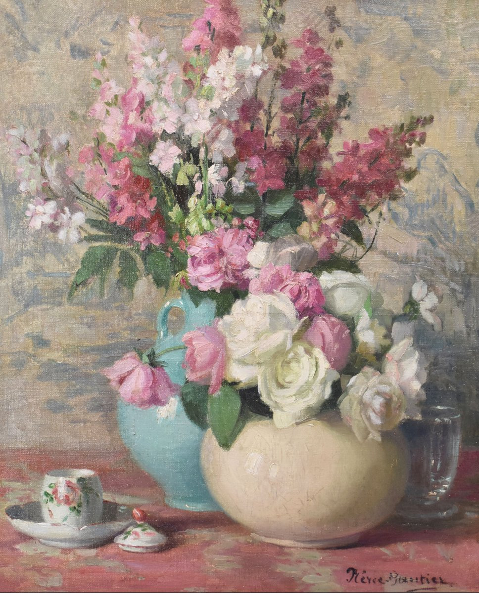 QUADRI ANTICHI, ART NOUVEAU, NATURA MORTA CON FIORI DI ROSA, OLIO SU TELA, XX SECOLO. (QF699)-photo-3