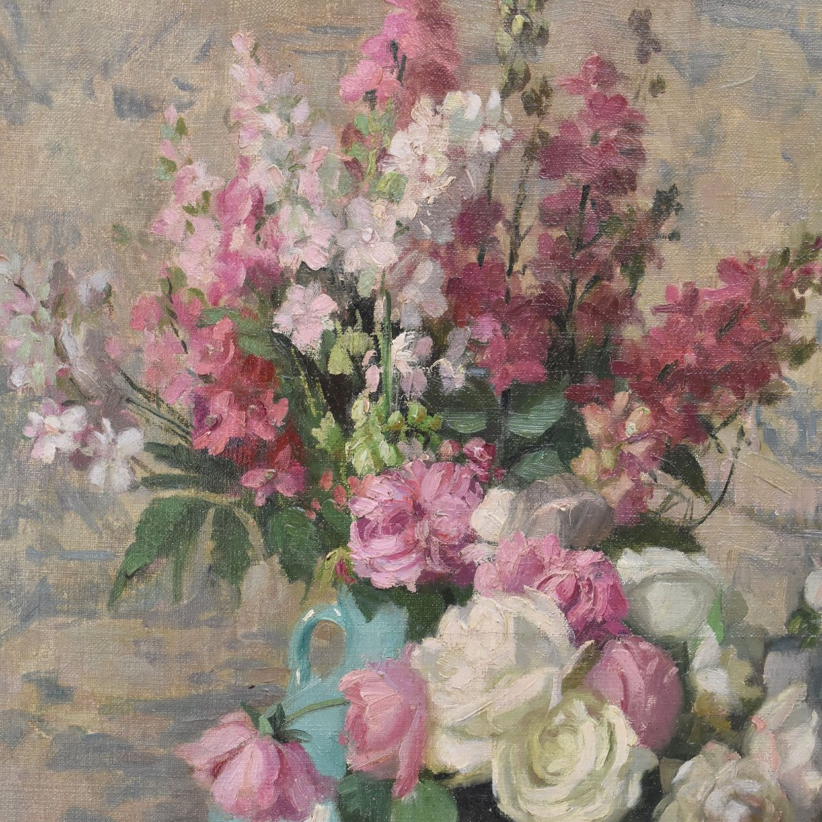 QUADRI ANTICHI, ART NOUVEAU, NATURA MORTA CON FIORI DI ROSA, OLIO SU TELA, XX SECOLO. (QF699)-photo-4