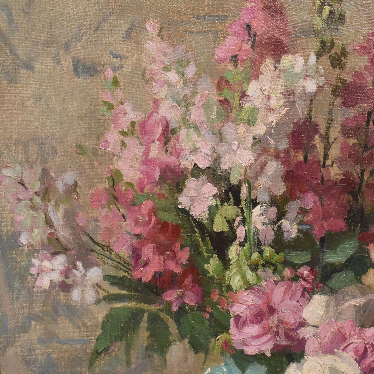 QUADRI ANTICHI, ART NOUVEAU, NATURA MORTA CON FIORI DI ROSA, OLIO SU TELA, XX SECOLO. (QF699)-photo-2