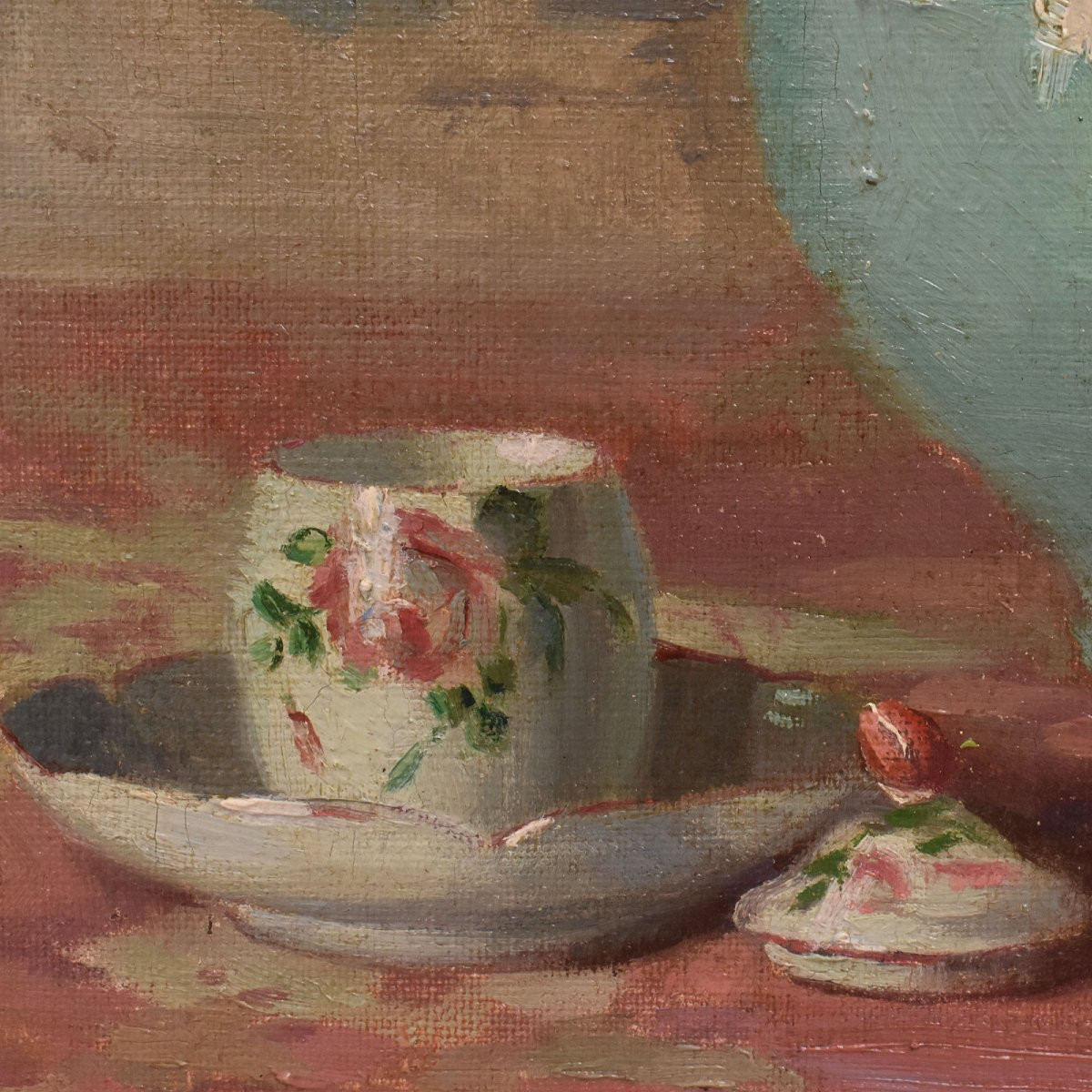 QUADRI ANTICHI, ART NOUVEAU, NATURA MORTA CON FIORI DI ROSA, OLIO SU TELA, XX SECOLO. (QF699)-photo-3