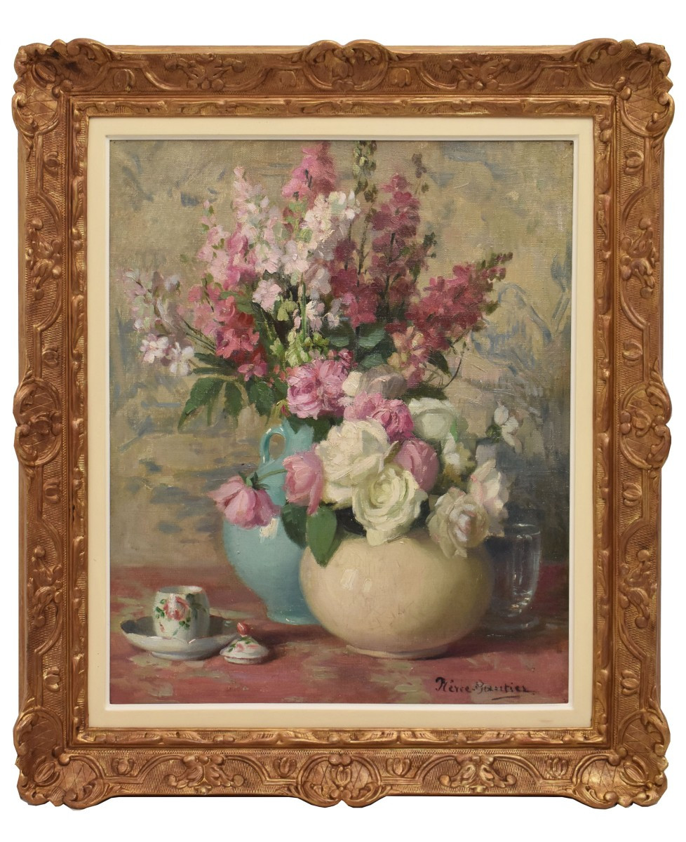 QUADRI ANTICHI, ART NOUVEAU, NATURA MORTA CON FIORI DI ROSA, OLIO SU TELA, XX SECOLO. (QF699)