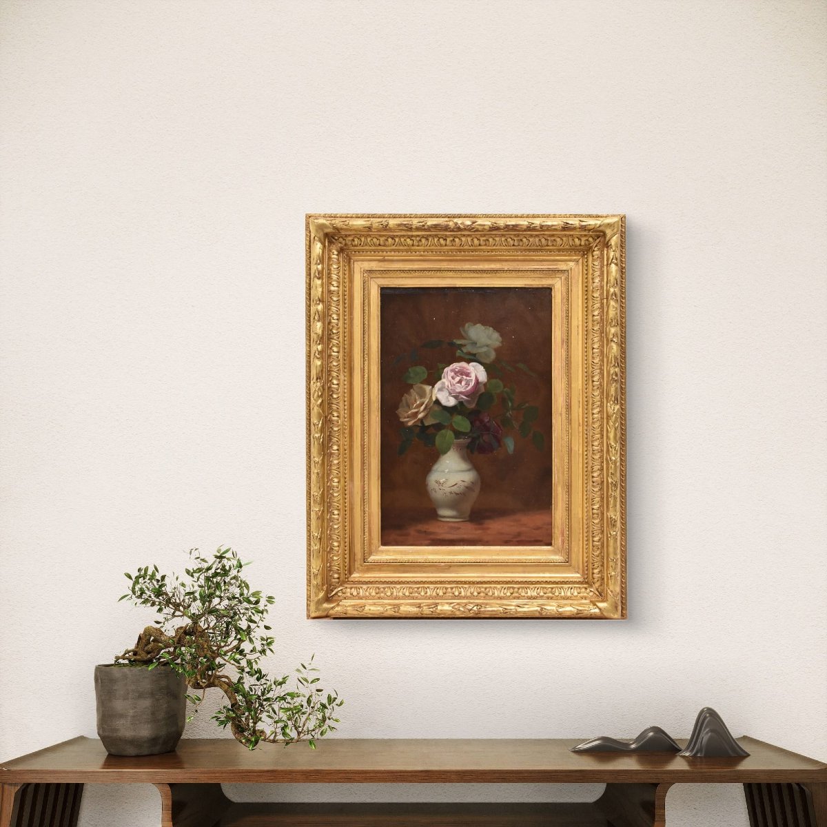 QUADRI ANTICHI, NATURA MORTA CON FIORI DI ROSE ROSA E BIANCHE, OLIO SU TAVOLA, DELL'800. (QF704-photo-2