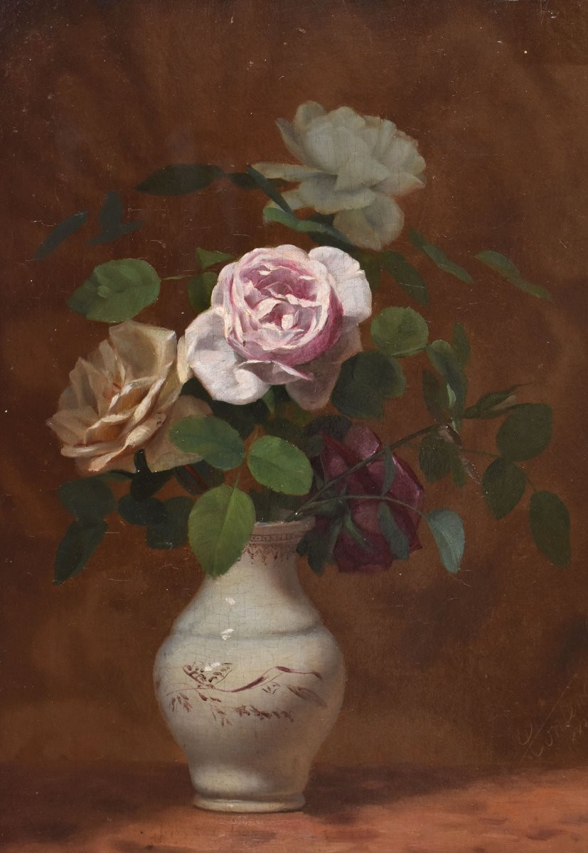QUADRI ANTICHI, NATURA MORTA CON FIORI DI ROSE ROSA E BIANCHE, OLIO SU TAVOLA, DELL'800. (QF704-photo-3