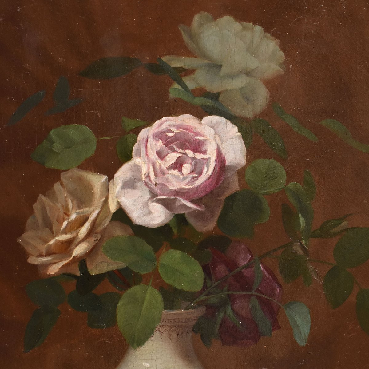 QUADRI ANTICHI, NATURA MORTA CON FIORI DI ROSE ROSA E BIANCHE, OLIO SU TAVOLA, DELL'800. (QF704-photo-4