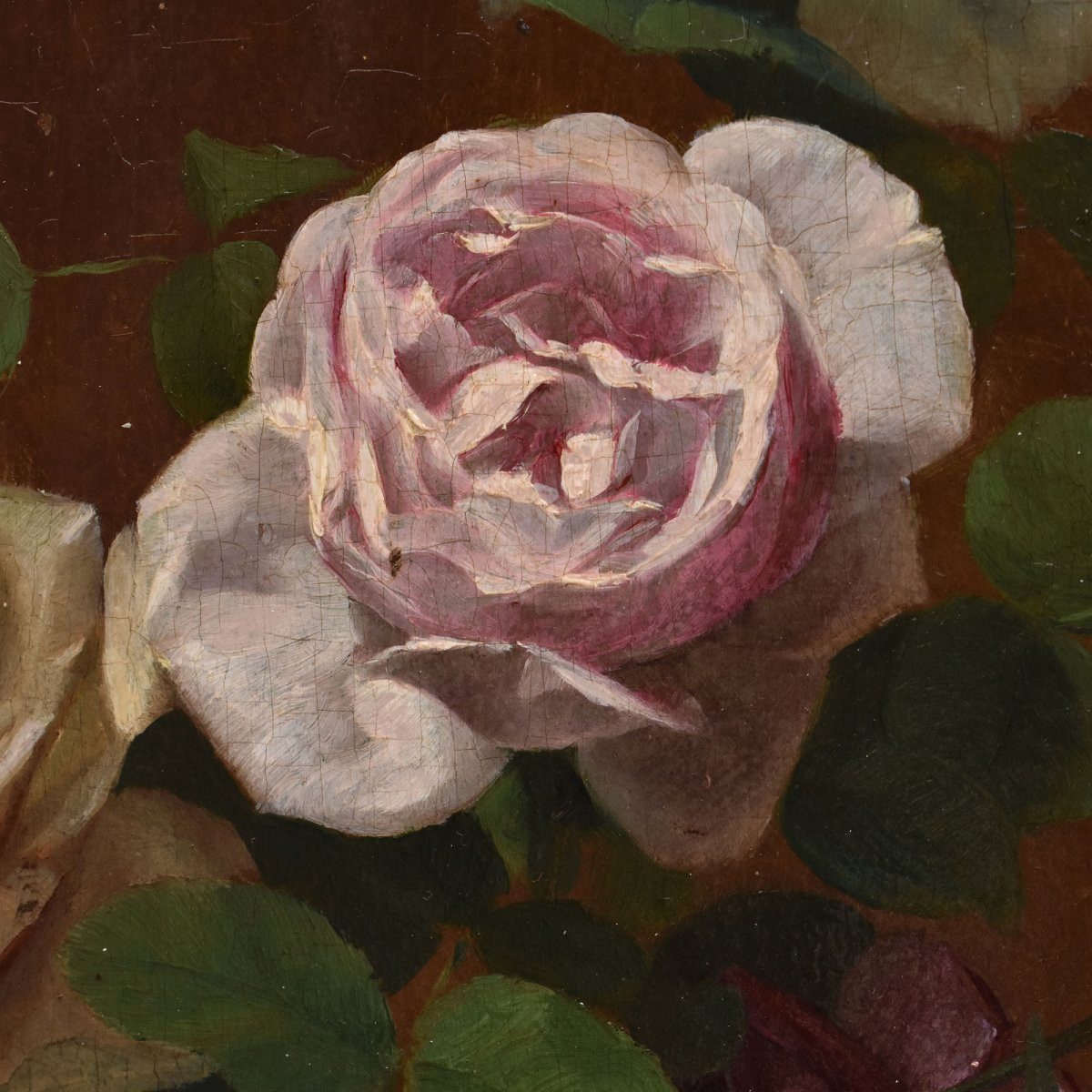 QUADRI ANTICHI, NATURA MORTA CON FIORI DI ROSE ROSA E BIANCHE, OLIO SU TAVOLA, DELL'800. (QF704-photo-1