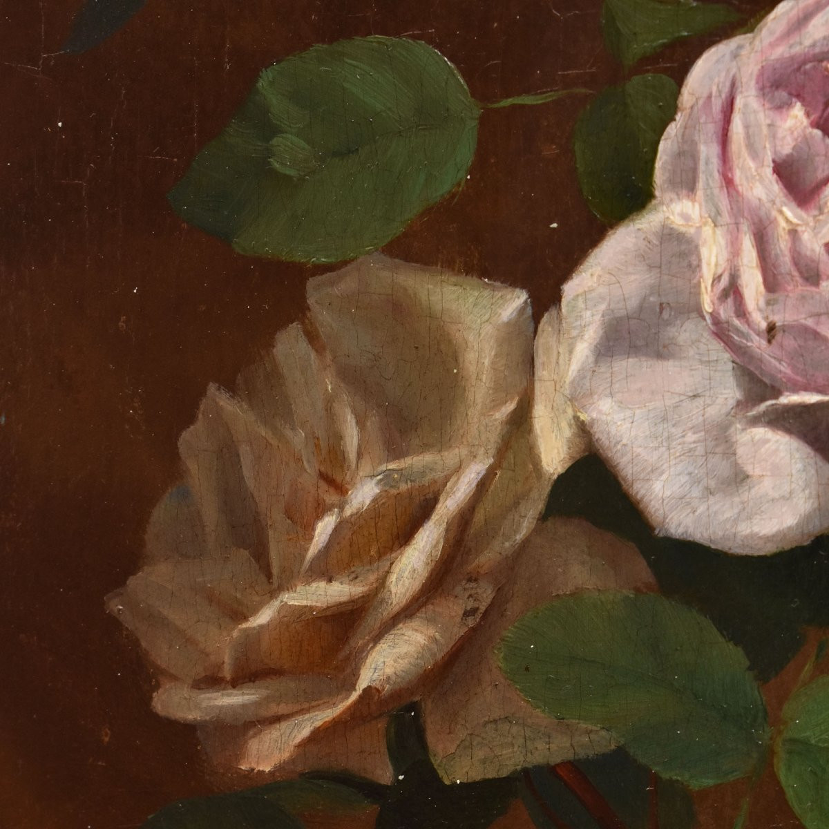 QUADRI ANTICHI, NATURA MORTA CON FIORI DI ROSE ROSA E BIANCHE, OLIO SU TAVOLA, DELL'800. (QF704-photo-2