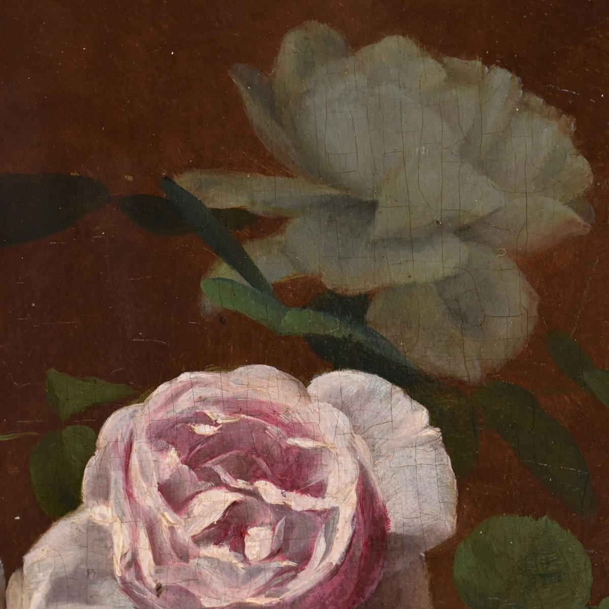 QUADRI ANTICHI, NATURA MORTA CON FIORI DI ROSE ROSA E BIANCHE, OLIO SU TAVOLA, DELL'800. (QF704-photo-3