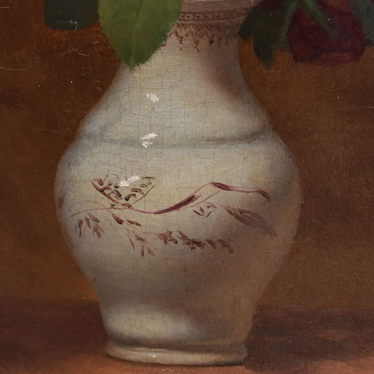 QUADRI ANTICHI, NATURA MORTA CON FIORI DI ROSE ROSA E BIANCHE, OLIO SU TAVOLA, DELL'800. (QF704-photo-4