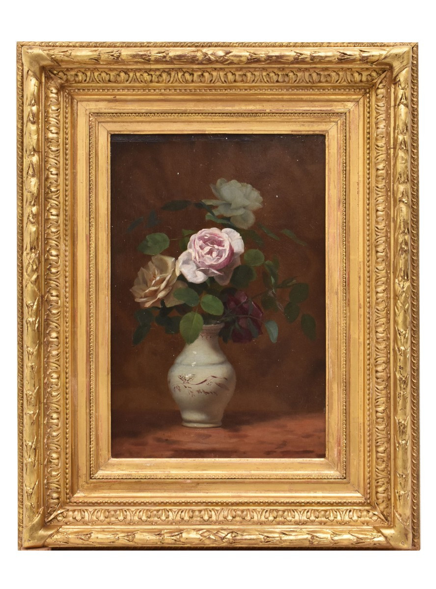QUADRI ANTICHI, NATURA MORTA CON FIORI DI ROSE ROSA E BIANCHE, OLIO SU TAVOLA, DELL'800. (QF704