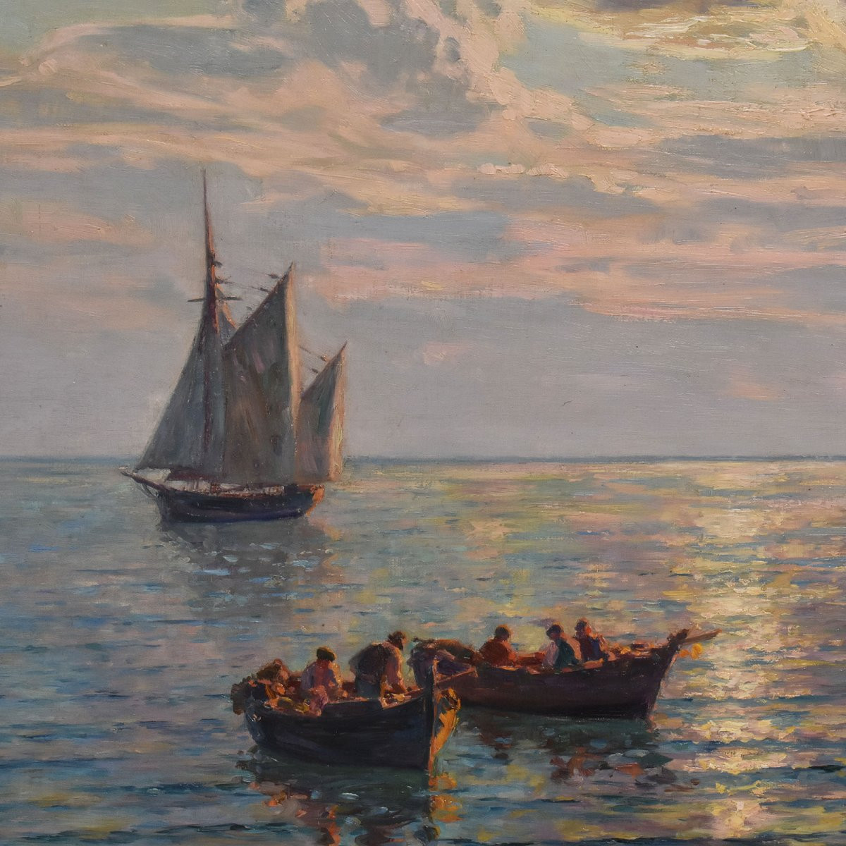 QUADRI ANTICHI, QUADRI MARE, MARINA CON VELIERO, PITTURA AD OLIO SU TELA, DELL'800. (QM701)-photo-4