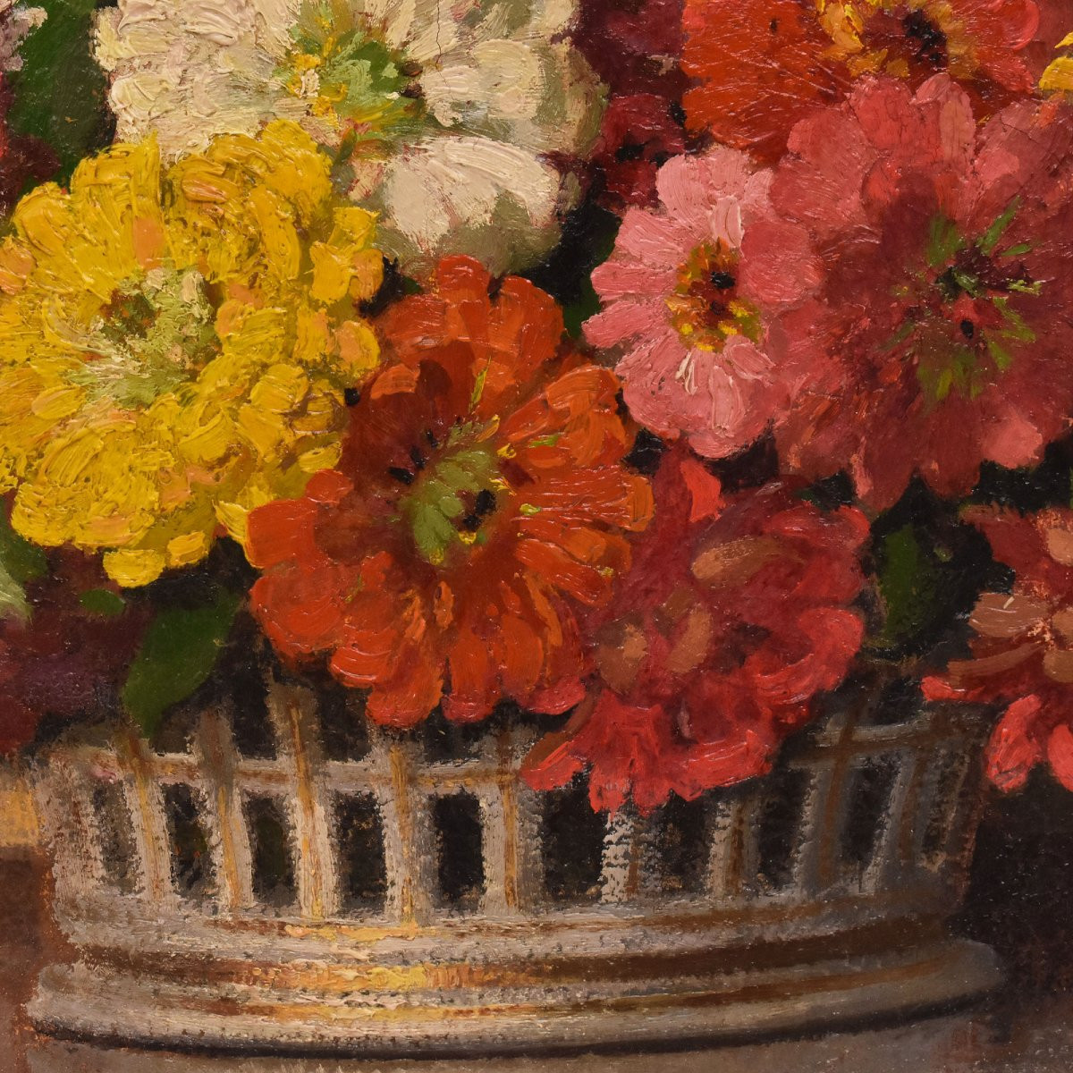 QUADRI ANTICHI, ART DECO, NATURA MORTA CON FIORI DI ZINNIE, OLIO SU TELA, XX SECOLO. (QF700)   -photo-2