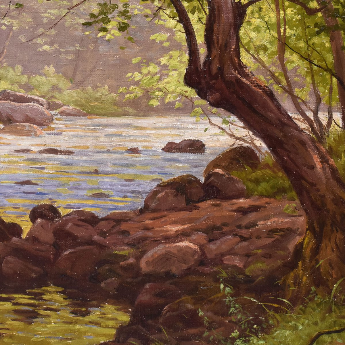 DIPINTI ANTICHI PAESAGGI CON FIUME, EDMOND HIS, OLIO SU TELA, PRIMI DEL NOVECENTO. (QP703)-photo-4