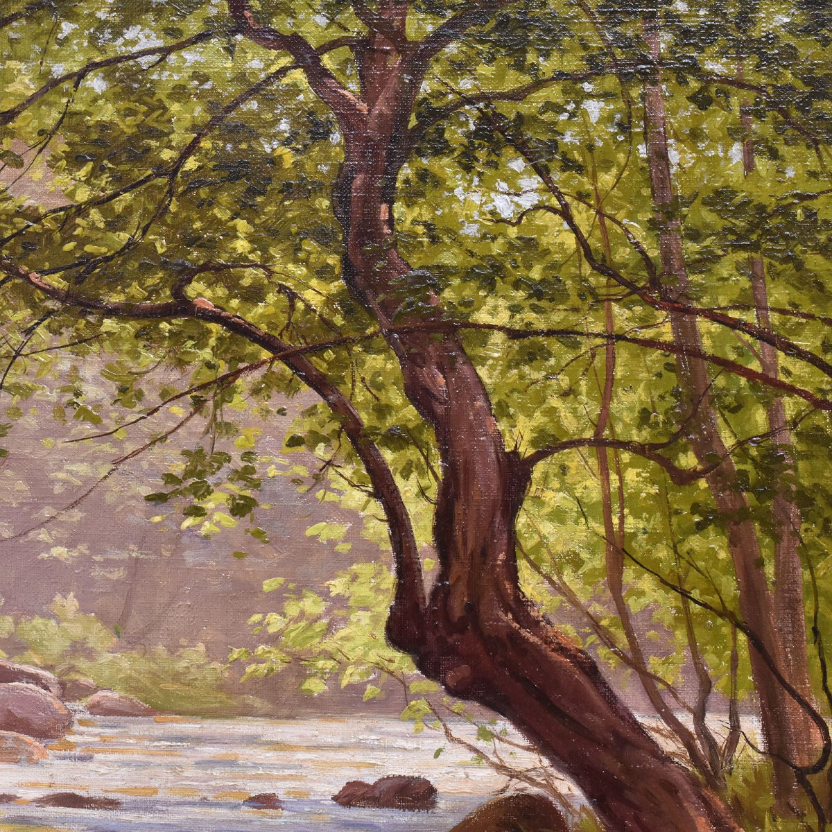 DIPINTI ANTICHI PAESAGGI CON FIUME, EDMOND HIS, OLIO SU TELA, PRIMI DEL NOVECENTO. (QP703)-photo-1