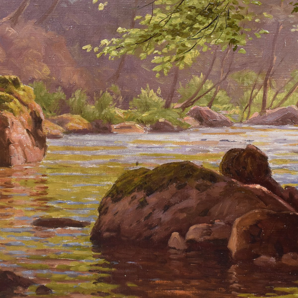 DIPINTI ANTICHI PAESAGGI CON FIUME, EDMOND HIS, OLIO SU TELA, PRIMI DEL NOVECENTO. (QP703)-photo-3