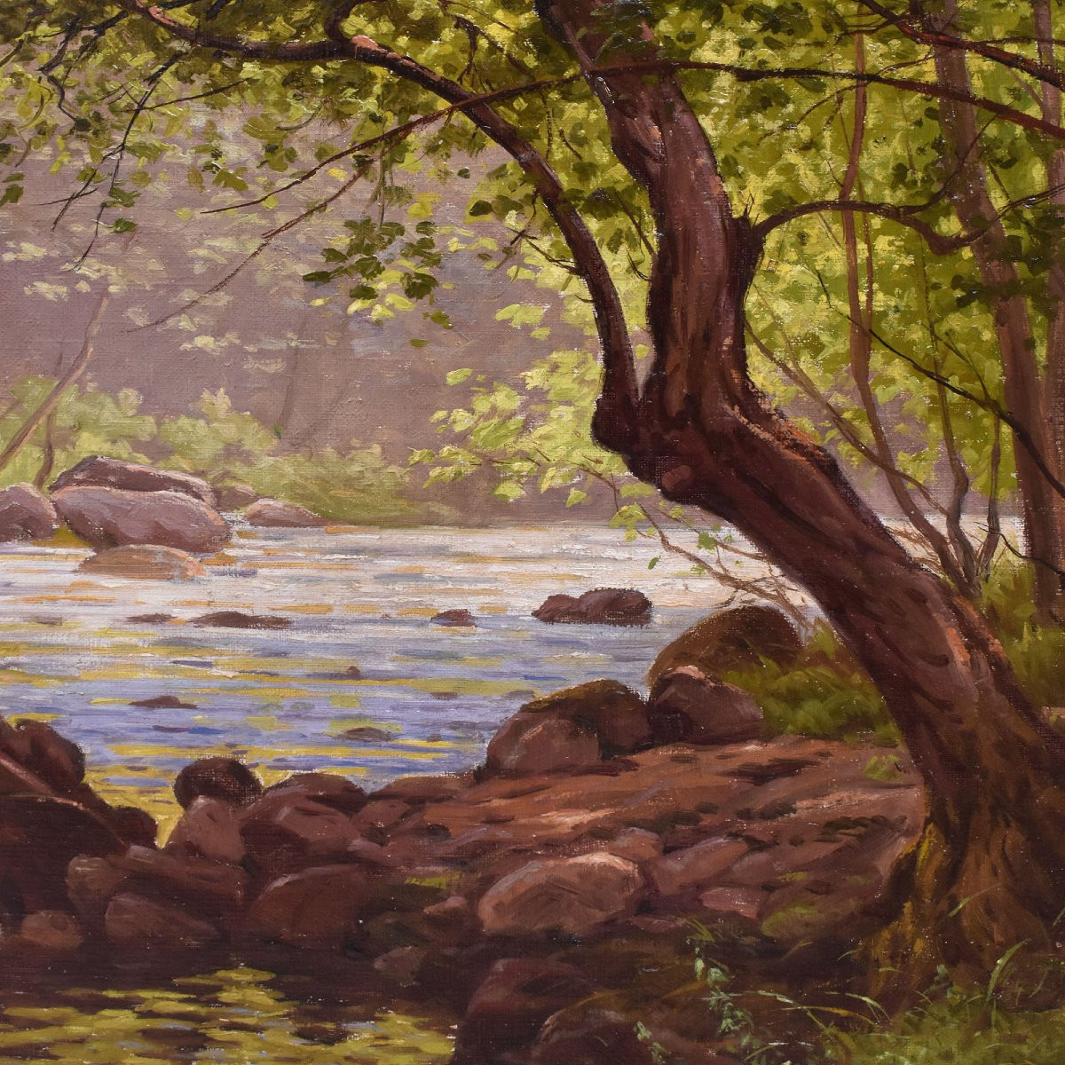 DIPINTI ANTICHI PAESAGGI CON FIUME, EDMOND HIS, OLIO SU TELA, PRIMI DEL NOVECENTO. (QP703)-photo-4