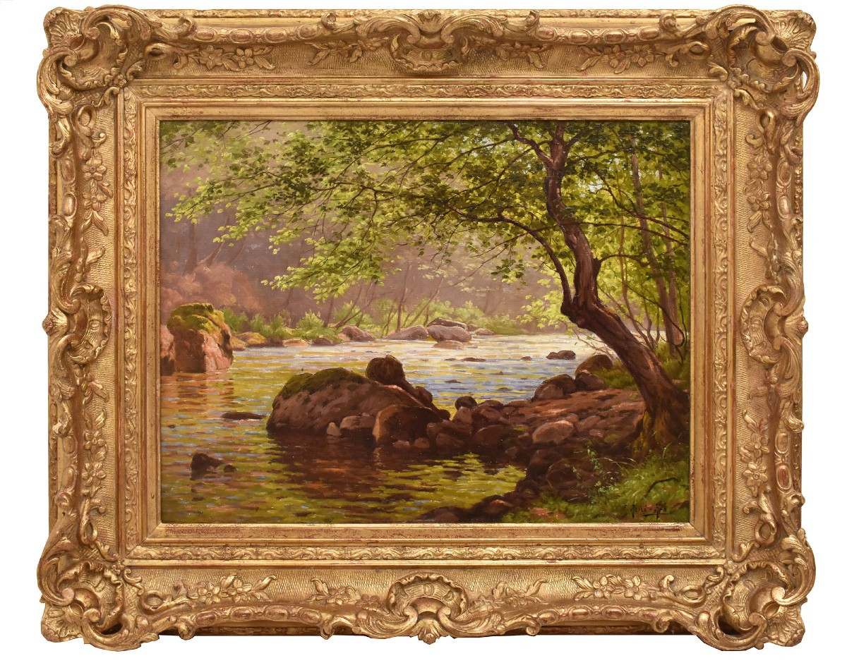 DIPINTI ANTICHI PAESAGGI CON FIUME, EDMOND HIS, OLIO SU TELA, PRIMI DEL NOVECENTO. (QP703)