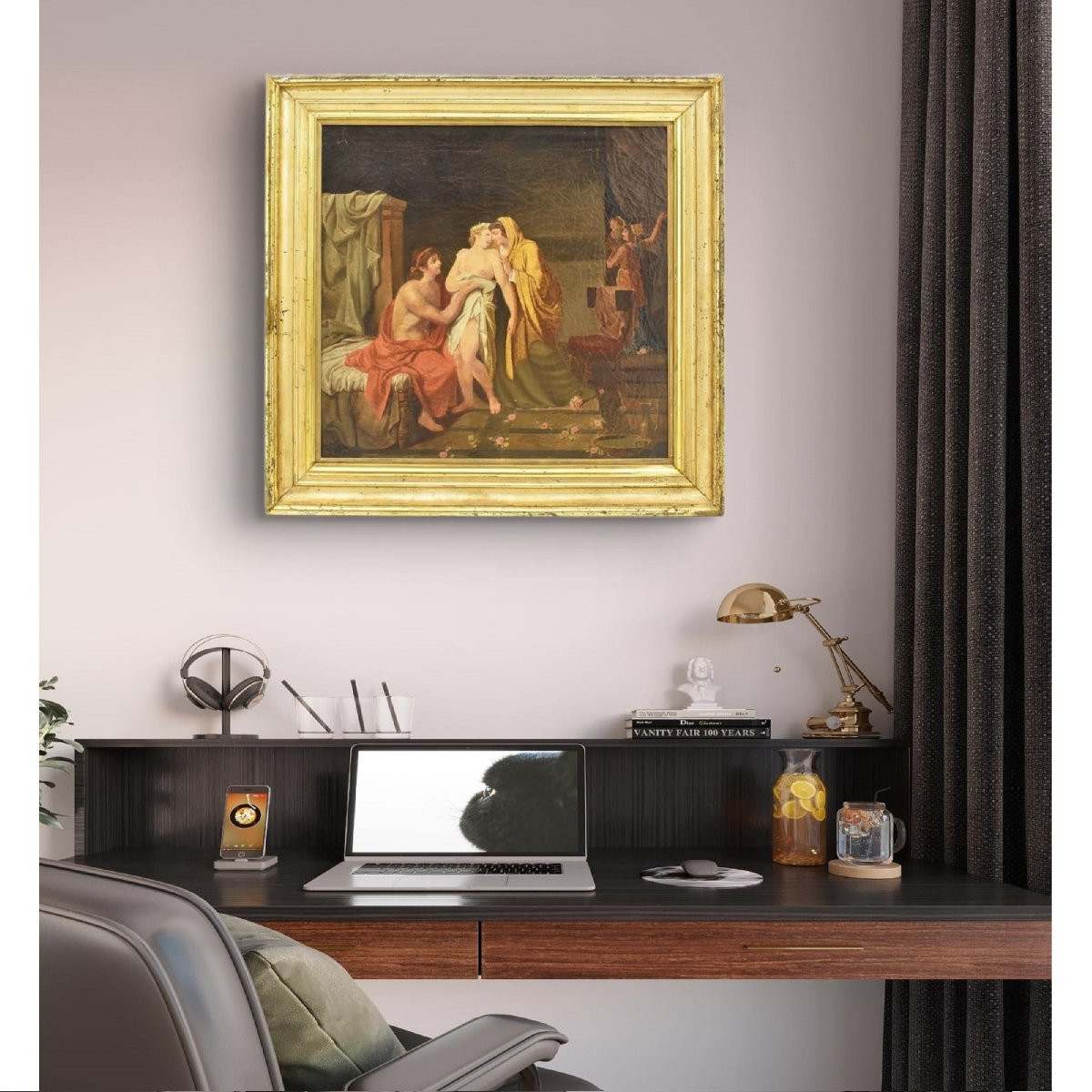 QUADRI ANTICHI, MITOLOGIA GRECA, PARIDE ED ELENA CON AFRODITE, OLIO SU TELA, OTTOCENTO. (QM245)-photo-3