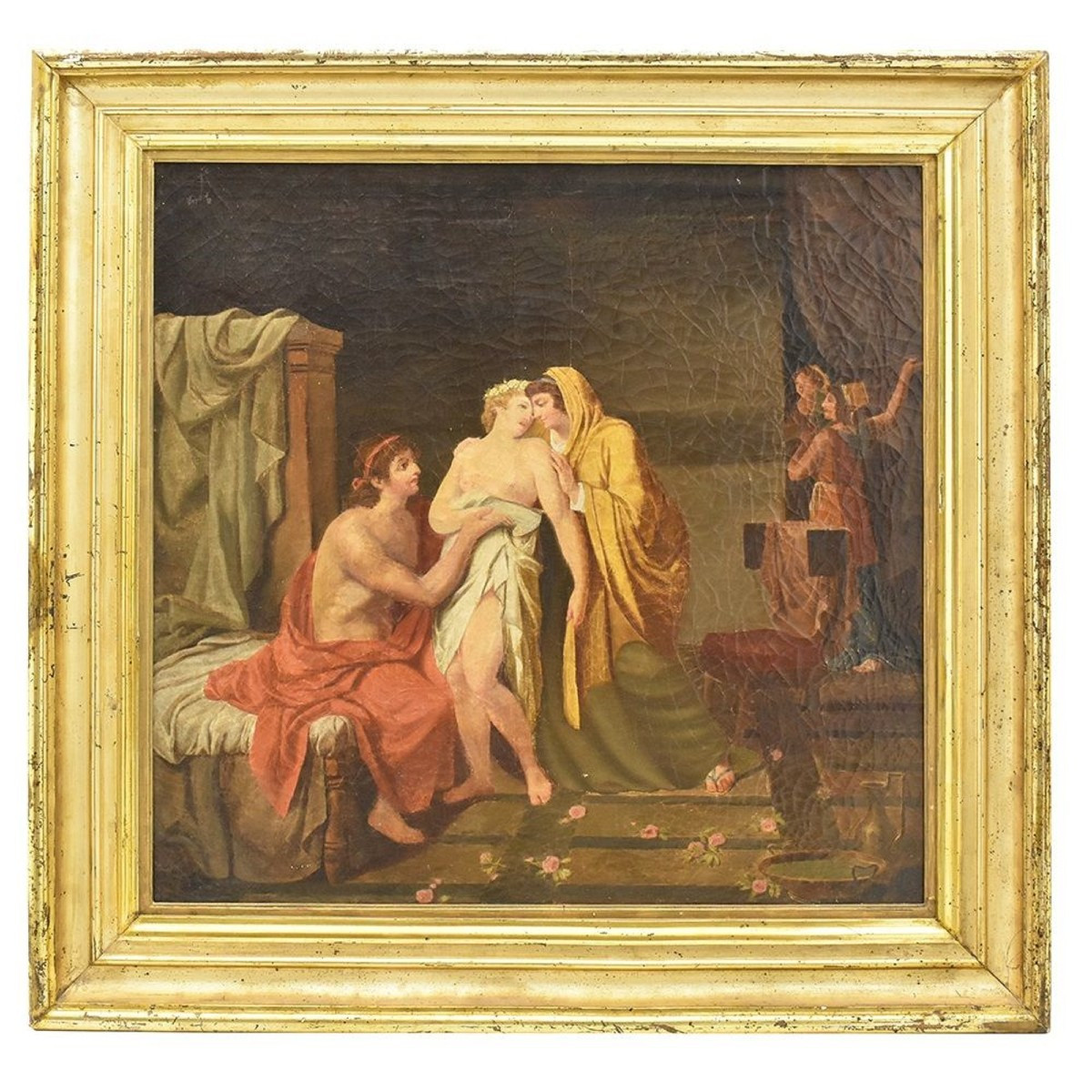 QUADRI ANTICHI, MITOLOGIA GRECA, PARIDE ED ELENA CON AFRODITE, OLIO SU TELA, OTTOCENTO. (QM245)