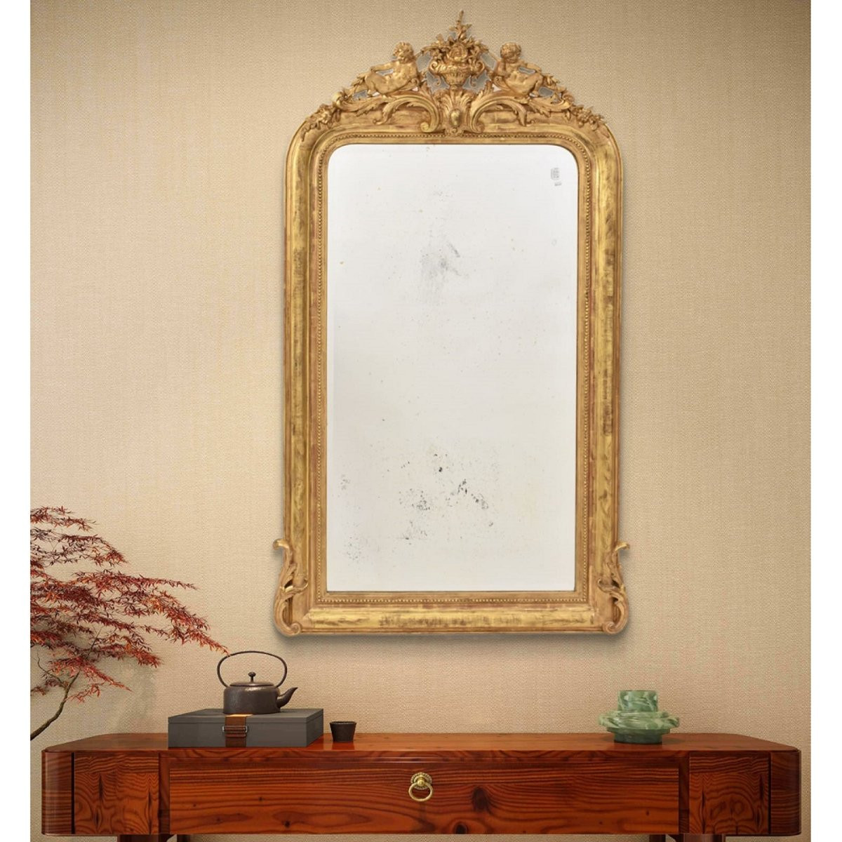 SPECCHIO ANTICO CON FIORI E PUTTI, SPECCHIERA ANTICA LUIGI FILIPPO, CORNICE DORATA, XIX(SPC183)-photo-2