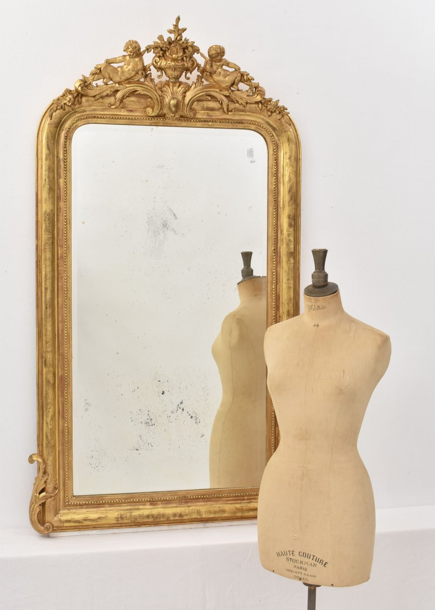 SPECCHIO ANTICO CON FIORI E PUTTI, SPECCHIERA ANTICA LUIGI FILIPPO, CORNICE DORATA, XIX(SPC183)-photo-3