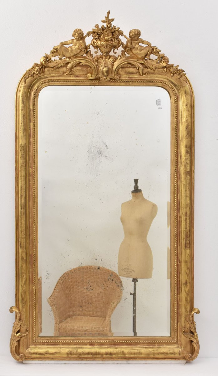 SPECCHIO ANTICO CON FIORI E PUTTI, SPECCHIERA ANTICA LUIGI FILIPPO, CORNICE DORATA, XIX(SPC183)-photo-4