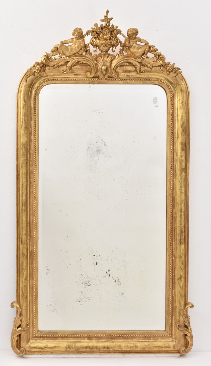 SPECCHIO ANTICO CON FIORI E PUTTI, SPECCHIERA ANTICA LUIGI FILIPPO, CORNICE DORATA, XIX(SPC183)
