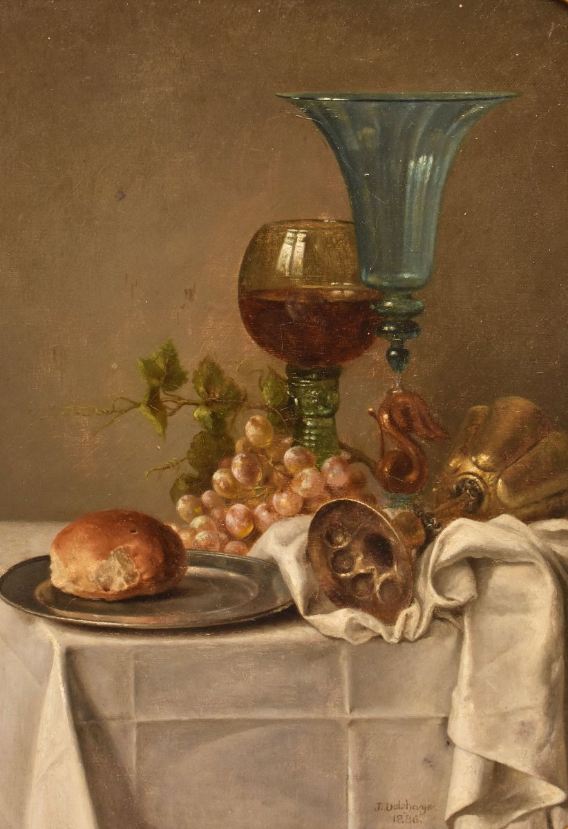 QUADRI ANTICHI, NATURA MORTA CON UVA E CALICI DI VETRO, OLIO SU TAVOLA, DELL'800. (QNM705)-photo-3