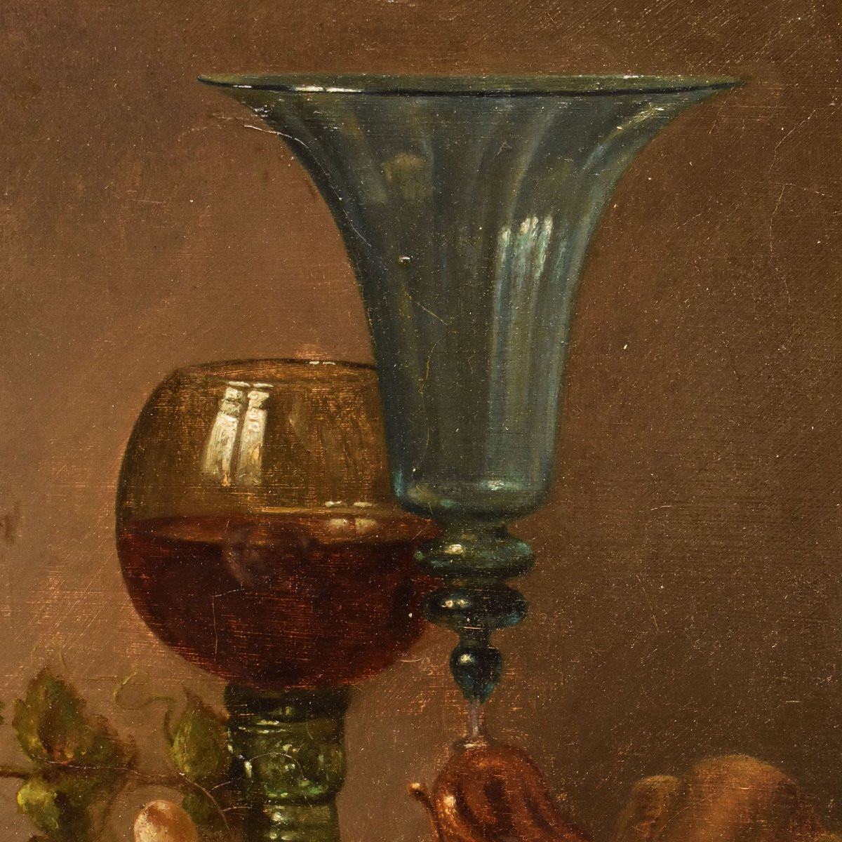 QUADRI ANTICHI, NATURA MORTA CON UVA E CALICI DI VETRO, OLIO SU TAVOLA, DELL'800. (QNM705)-photo-4