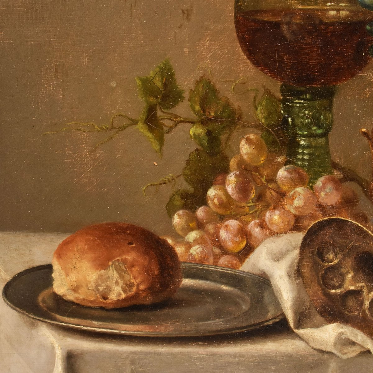 QUADRI ANTICHI, NATURA MORTA CON UVA E CALICI DI VETRO, OLIO SU TAVOLA, DELL'800. (QNM705)-photo-1