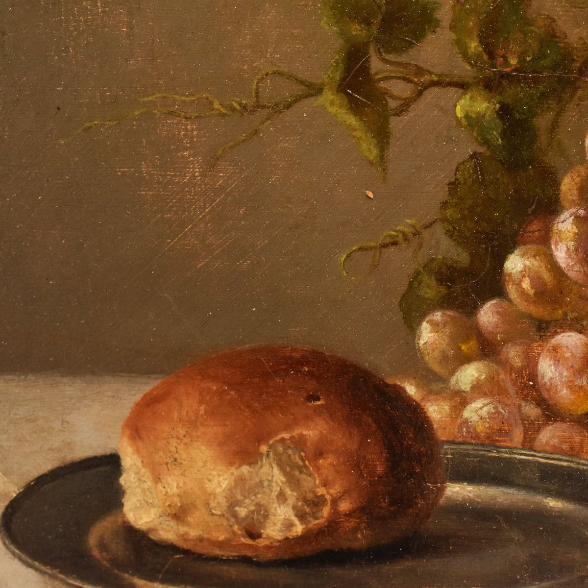 QUADRI ANTICHI, NATURA MORTA CON UVA E CALICI DI VETRO, OLIO SU TAVOLA, DELL'800. (QNM705)-photo-2